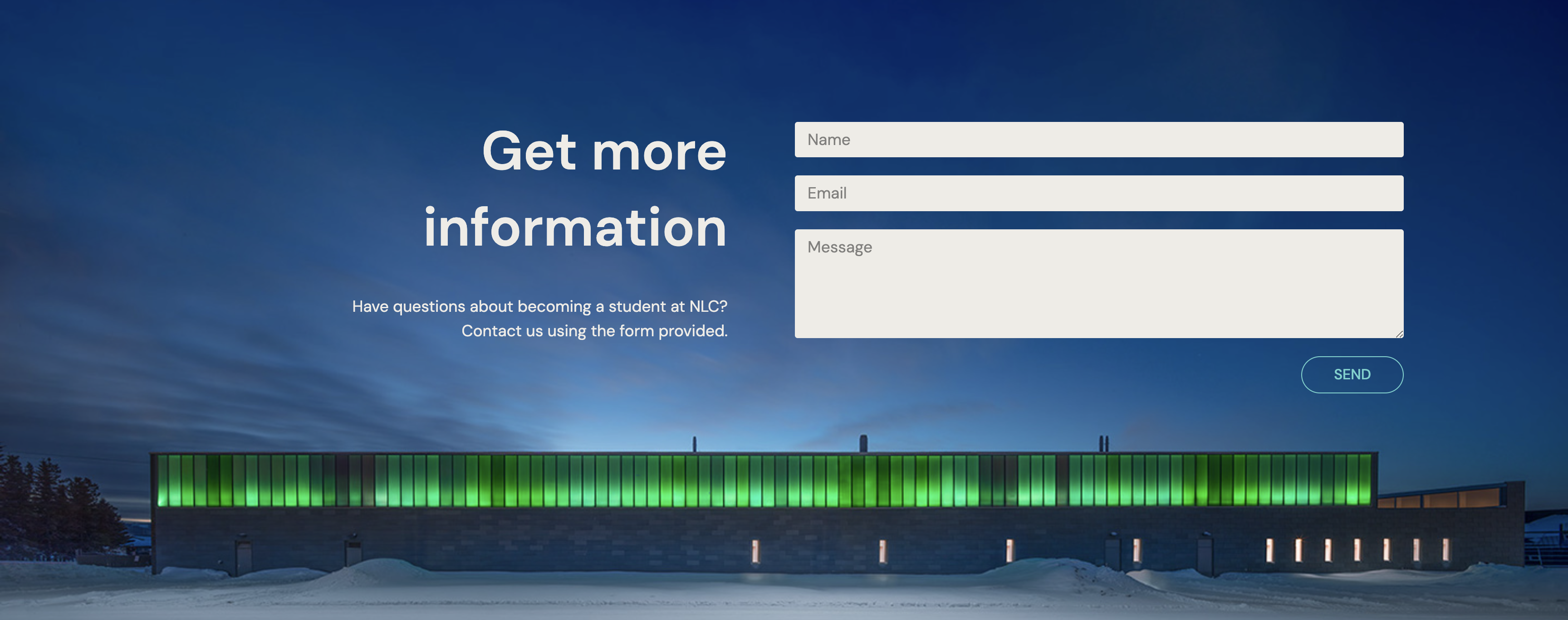 Northern Lights College footer with Mailchimp contact form for inquiries and information requests.